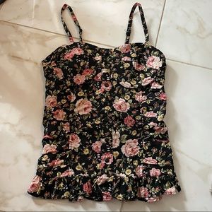 Black Floral Ruched Corset Top Size M